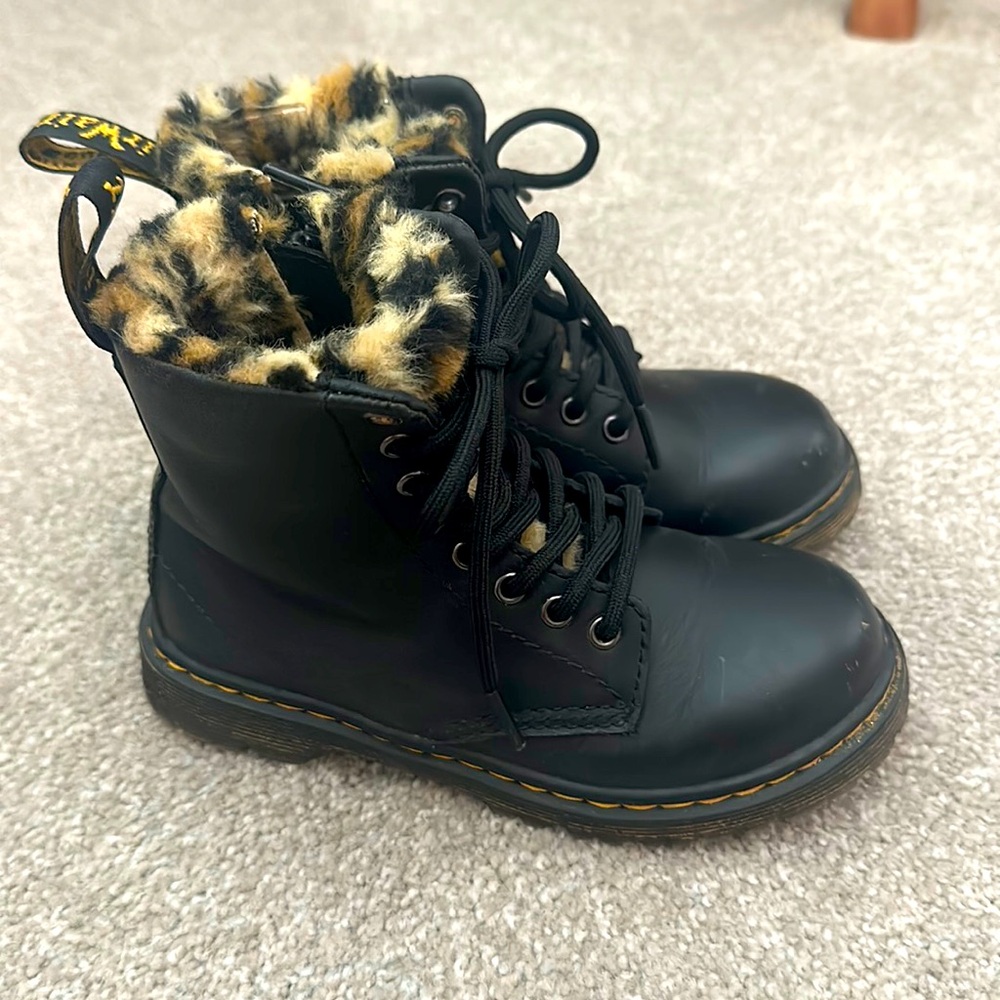 Dr. Martens leopard fleece lined combat boots, US child size 11